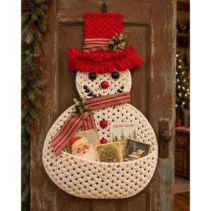 Vintage Crochet Snowman Christmas Card Holder Handmade Holiday Wall Decor 35 In